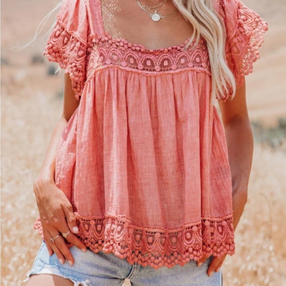 Vici Peach Colored Short Sleeve Boho Open Back Top Size Small